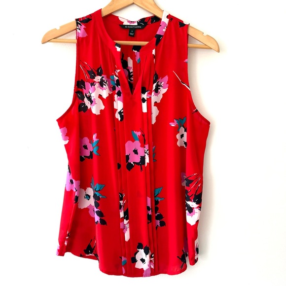 41 Hawthorn Tops - 41 Hawthorn Breyson Pleated Red Tropical Floral Sleeveless V-Neck Blouse
